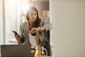 woman looking rushed for time