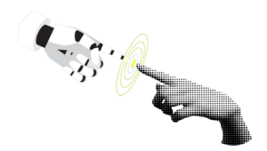 ai and a human hand touching, representing ai helping human tasks