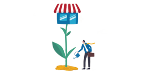 a plant being watered with a building on top, growing a small business