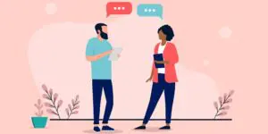 two people talking, using a human translator 