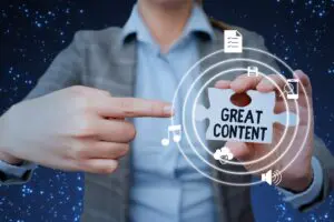person pointing to a sign that says 'great content'