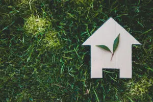 grass with wooden house shape lay on top of grass