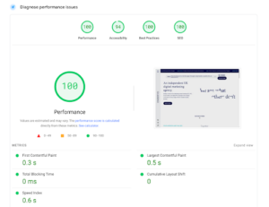page speed score at 100 for embryo