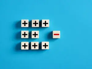 plus and minus signs representing cons outweighing the pros