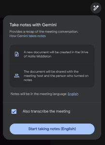 screenshot of how to start a meeting with gemini notetaker
