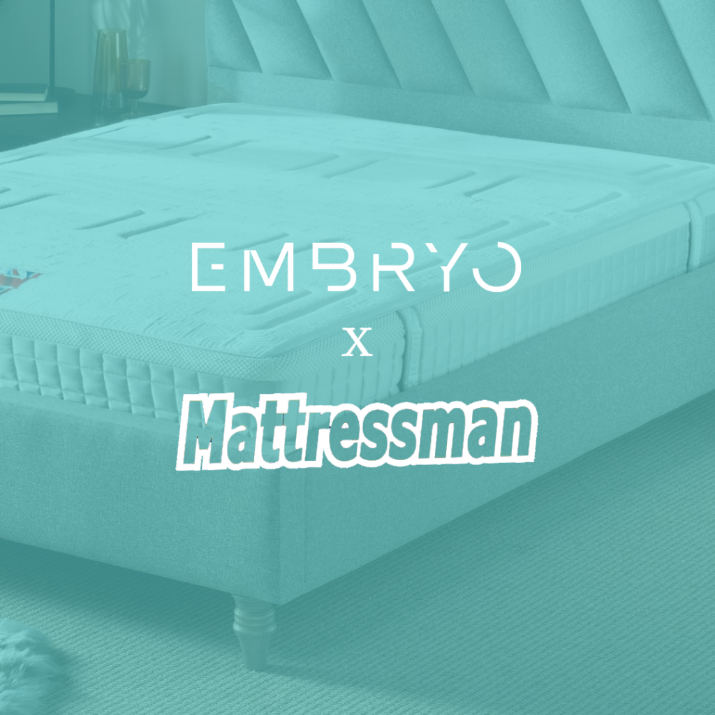 Embryo and Mattressman logo on image of bed