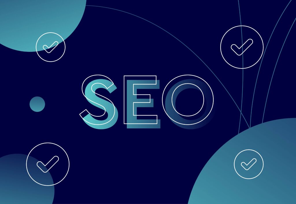 SEO in blue text