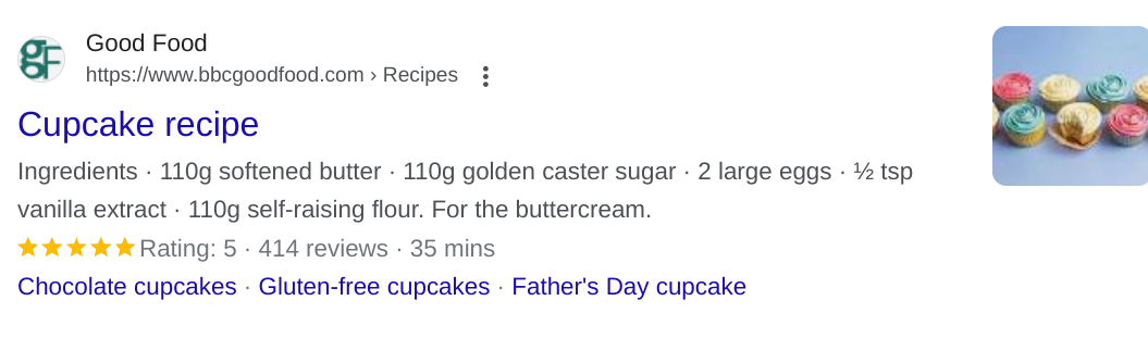 rich result example for cupcake recipe