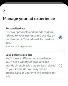 meta screenshot showing  ad experience options