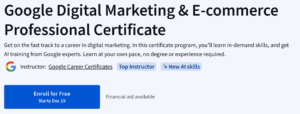 screenshot of google's digital marketing and ecommerce professional certificate homepage