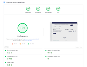 Page speed score at 100 for Embryo