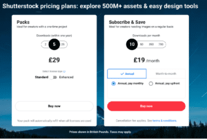 screenshot of the shutterstock pricing page 