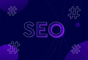 seo graphic in purple and navy with social media hashtags