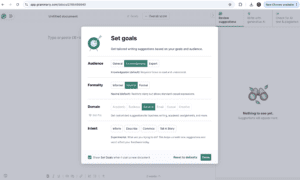 Image showing how Grammarly users can set goals for their writing