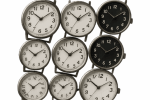 9 analogue clock faces 