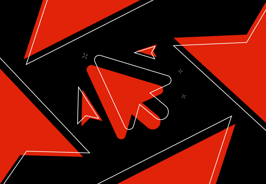 Computer mouse icon in red and black, representing attention grabbing tiktok content that makes users click on content