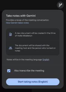 Screenshot of how to start a meeting with Gemini notetaker