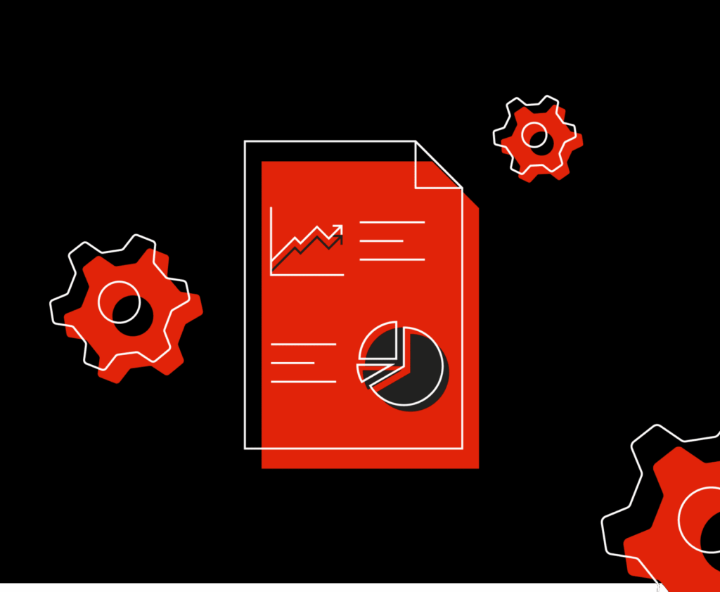 Image of icons showing a report and cogs, to represent a strategy for Google Analytics