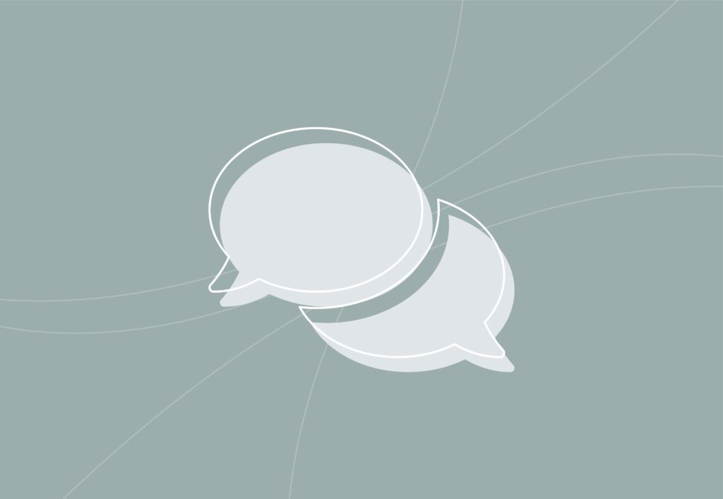 Two speech bubbles overlapping, representing internal communication and collaboration