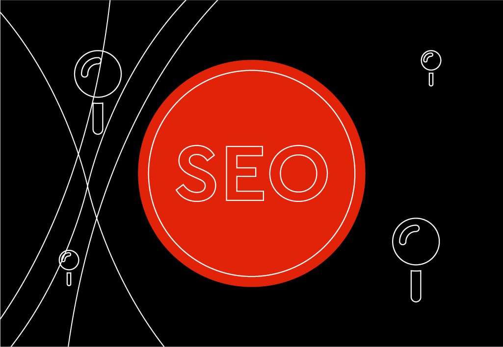 Red circle with 'SEO' in the middle with magnifying glasses around it.
