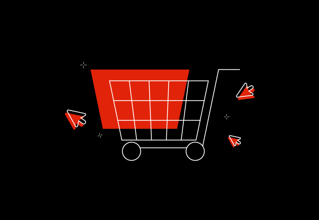 Icon of a shopping trolley and pointers to accompany content on Shopify for e-commerce SEO