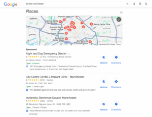 SERP for dentists Manchester 