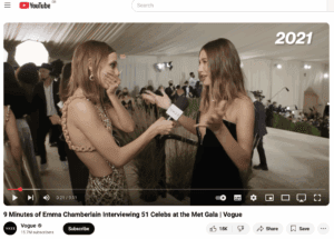 Screenshot of Emma Chamberlain interviewing celebrities as part of her brand partnership with Vogue