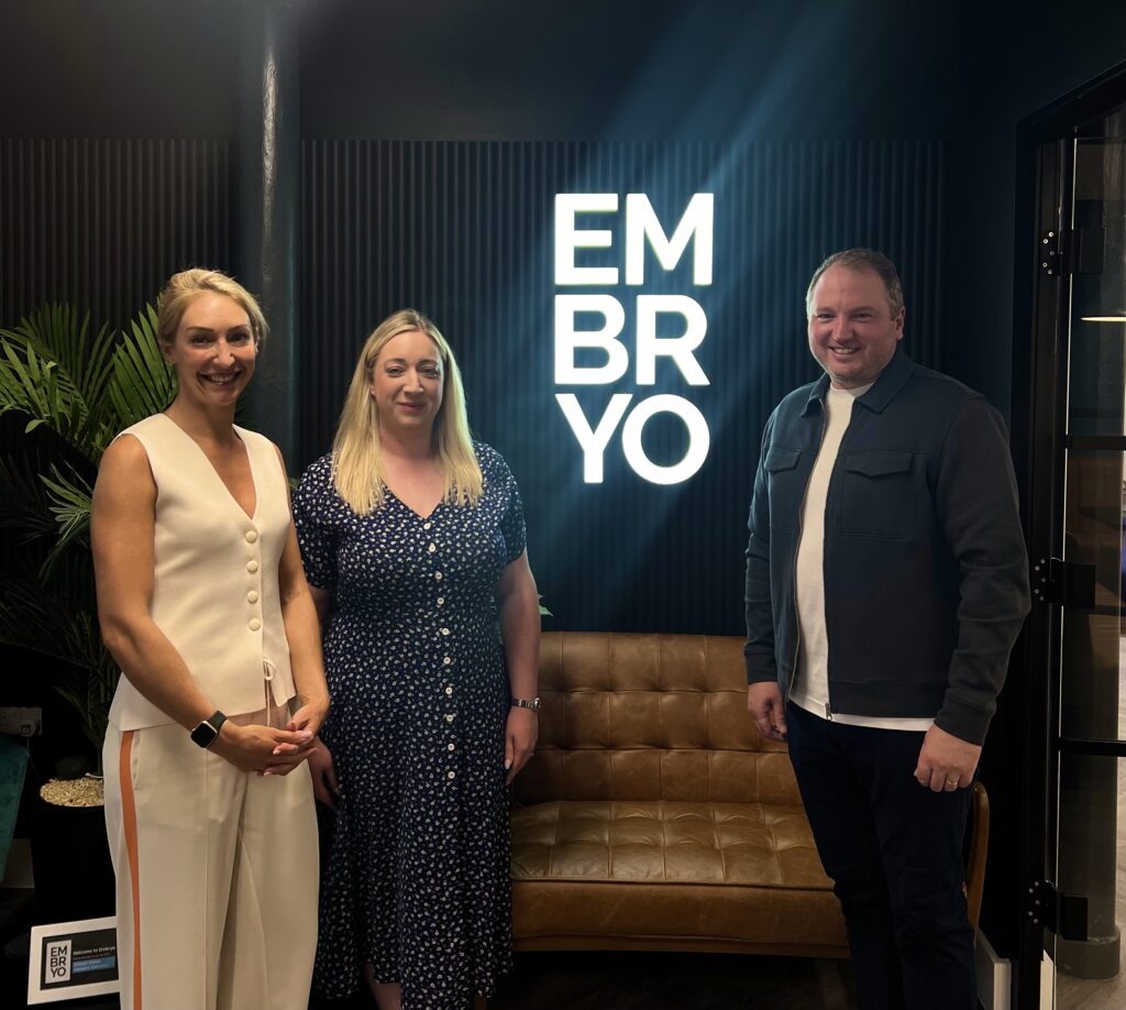 Group photo of Embryo's senior leadership team: James, Claire and Sarah
