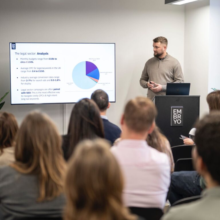 george noon, head of ppc, leading a talk centred around google shopping in front of a room full of people