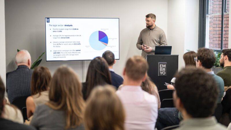 george noon, head of ppc, leading a talk centred around google shopping in front of a room full of people