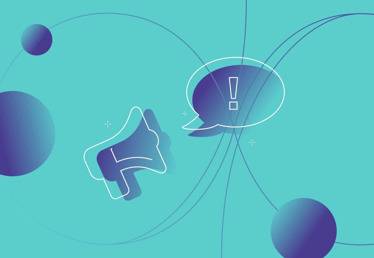 megaphone and speech bubble with exclamation marks