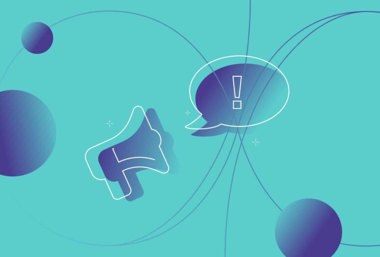 megaphone and speech bubble with exclamation marks