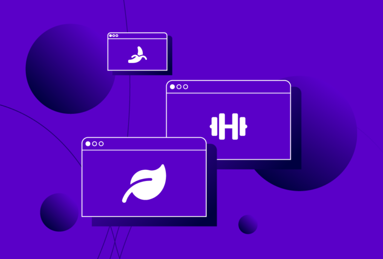 3 desktop illustrations with weights and healthy food