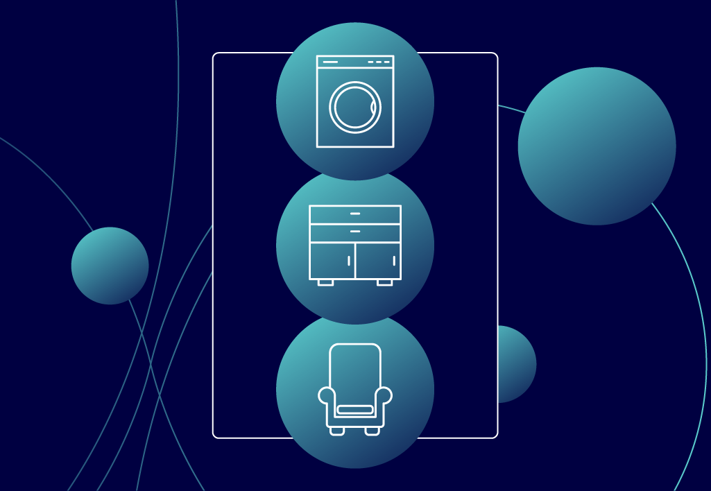 Illustration of home furnishings- washing machine, cupboards and armchair