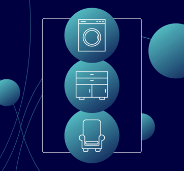 Illustration of home furnishings- washing machine, cupboards and armchair