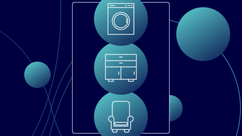 Illustration of home furnishings- washing machine, cupboards and armchair