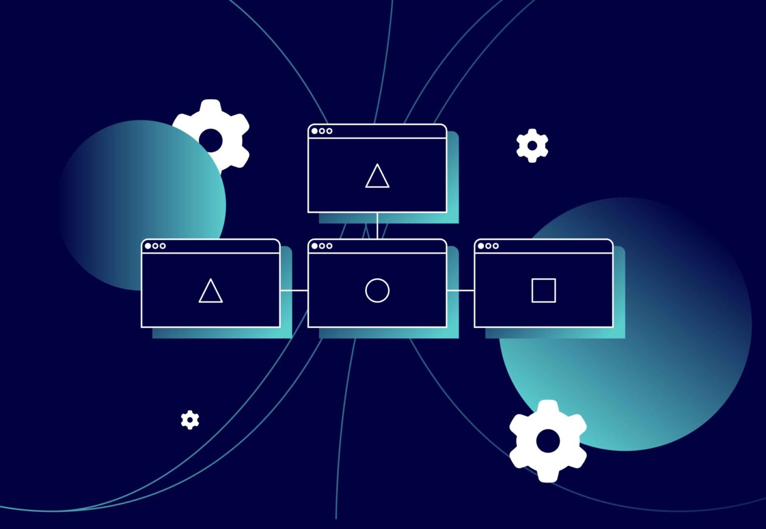 reputation management shown as icons of desktop pages surrounded by settings and tools