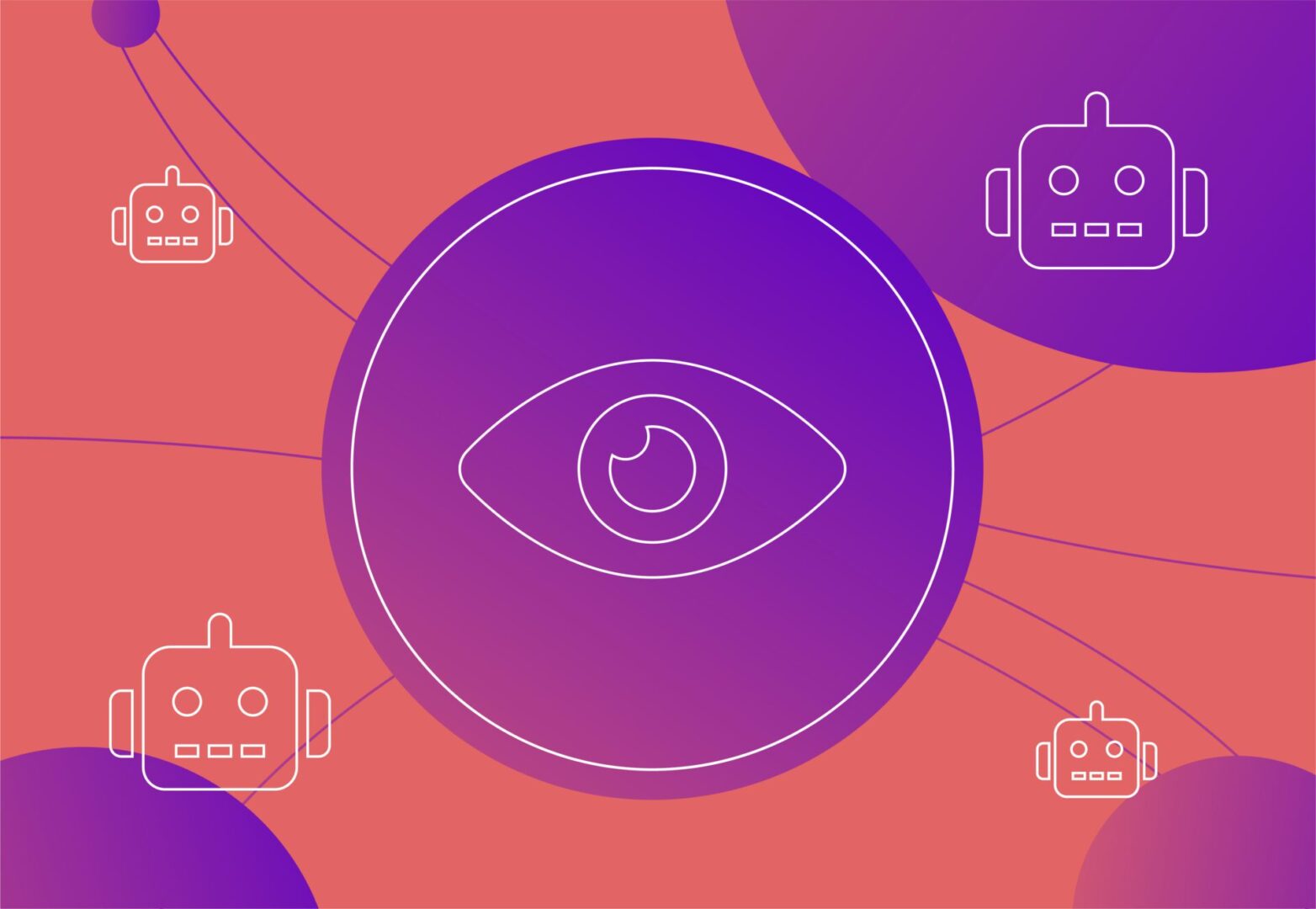 Illustration showing robots and a central eye representing AI technology