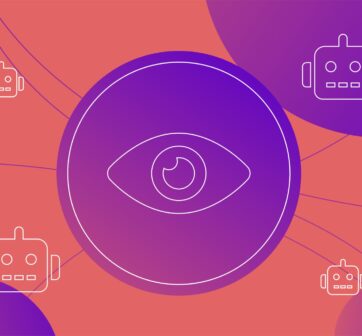 Illustration showing robots and a central eye representing AI technology