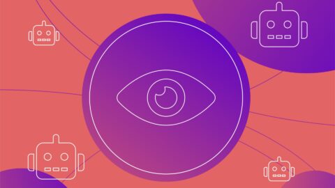 Illustration showing robots and a central eye representing AI technology