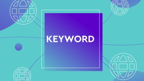 Keyword in white text surrounded by globe icons
