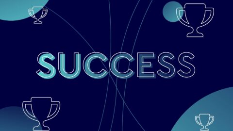 Success in blue text with trophy icons