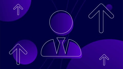 Anonymous person icon in suit with upward arrows for growth