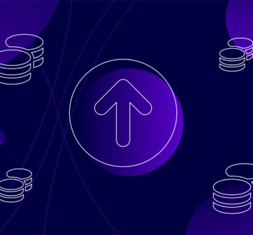 Upwards arrow indicating sales surrounded by money and coins
