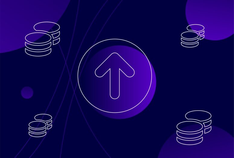 upwards arrow indicating sales surrounded by money and coins