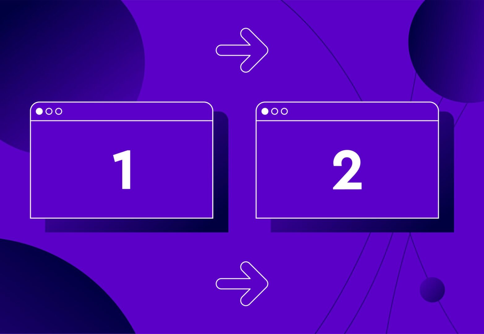 Two desktop screens labelled 1 and 2, arrow between them going from 1 to 2