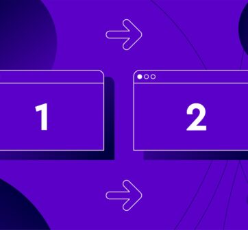 Two desktop screens labelled 1 and 2, arrow between them going from 1 to 2