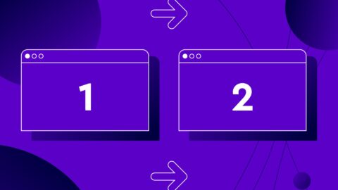 Two desktop screens labelled 1 and 2, arrow between them going from 1 to 2