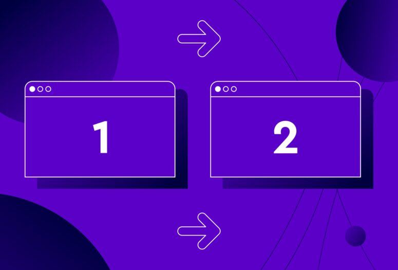 two desktop screens labelled 1 and 2, arrow between them going from 1 to 2