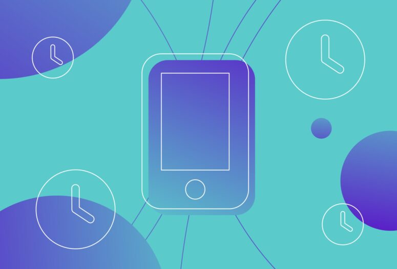 illustration of mobile phone next to analog clocks